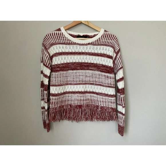 MINKPINK Womens Size XS Sunday Frills Fringe Sweater Top in Maroon & White Boho - Picture 8 of 16